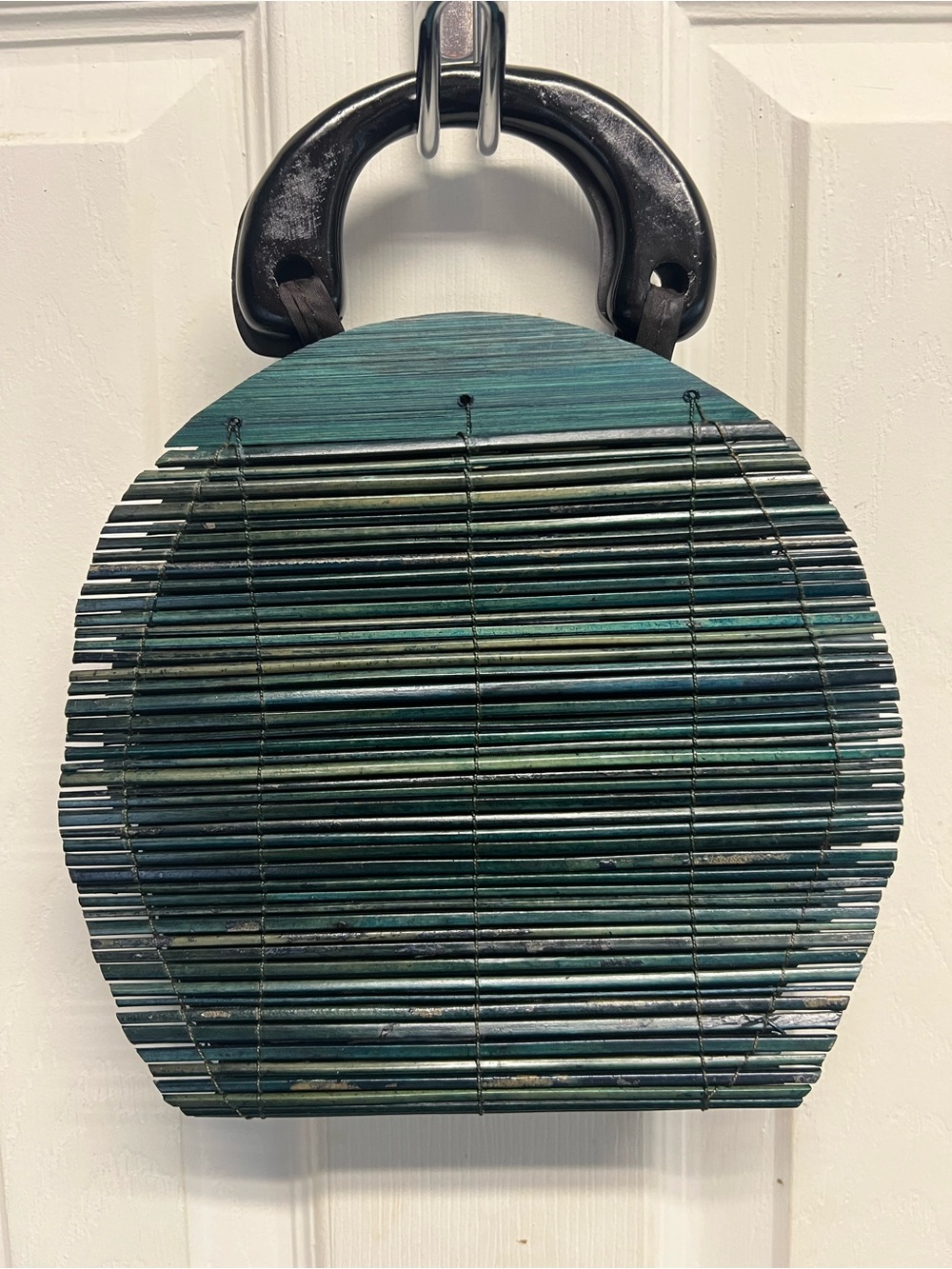 Round Bamboo Handbag in Teal and Dark Wood